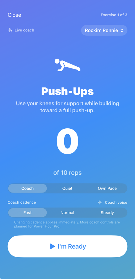 Coach, quiet, or own pace screen in Power Hour